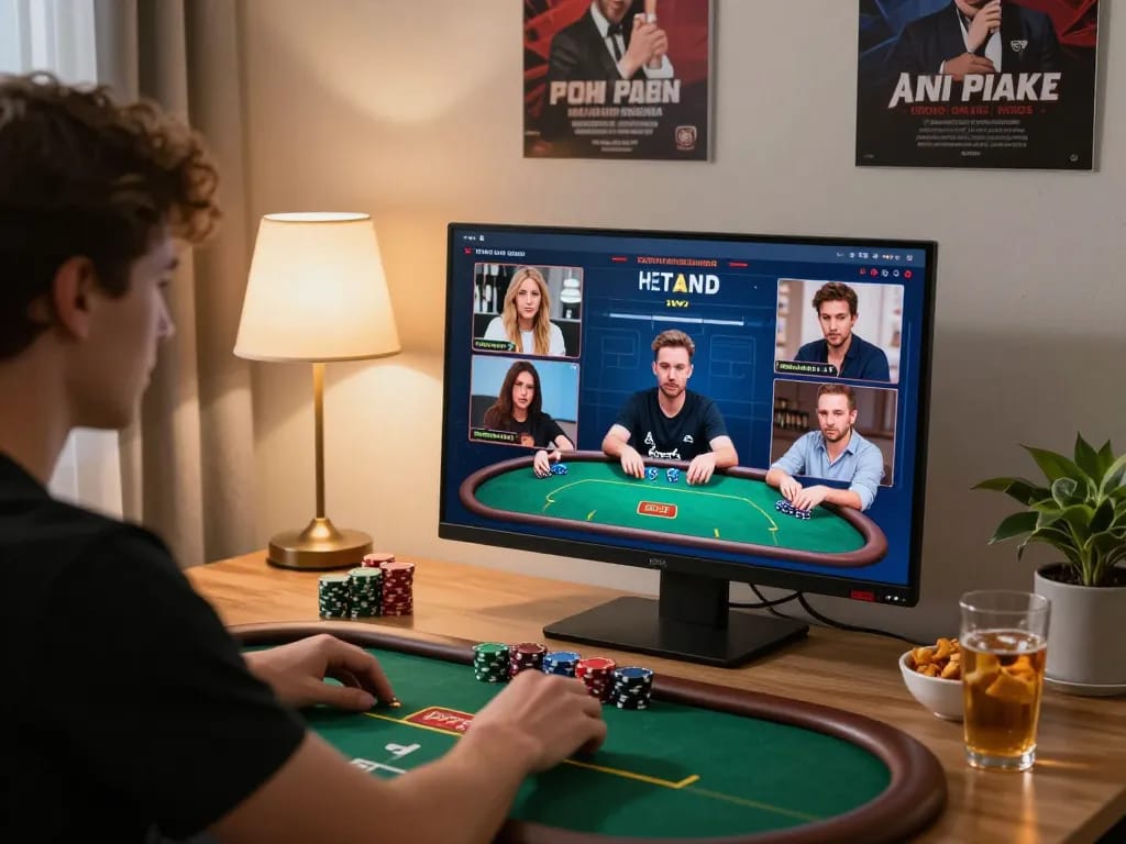 Intently playing DA88 online poker, a home gamer focuses on the screen while placing strategic bets.
