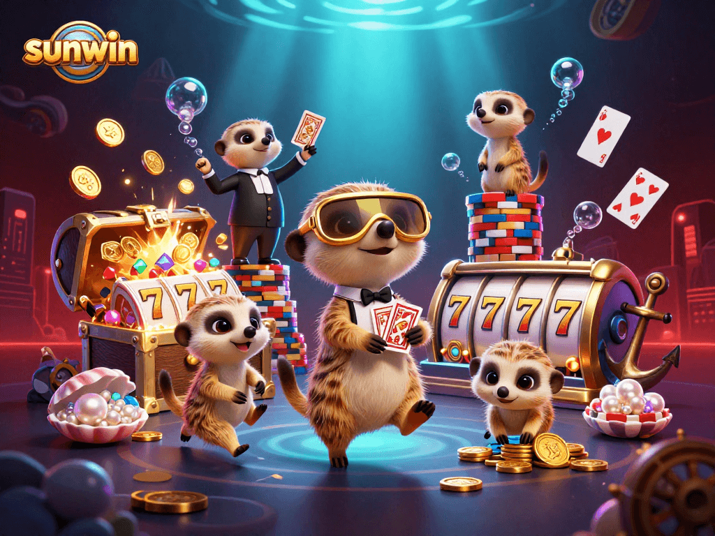 sunwin meerkats run a lively casino scene with slot reels and treasure surrounded by underwater elements