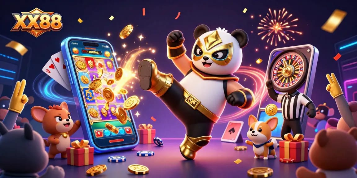 Experience thrilling gaming at XX88 with vibrant characters, dynamic slot games, and festive atmosphere.