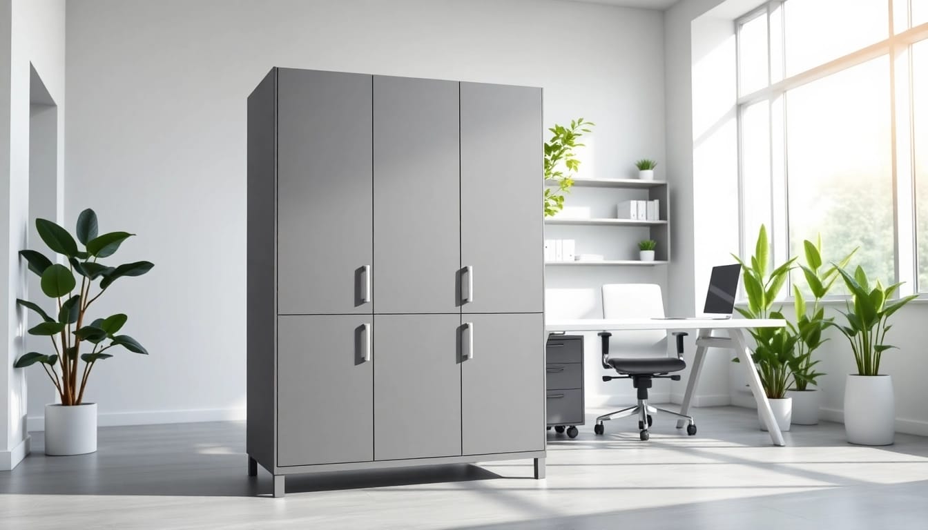 Store essential items neatly in a sleek, modern steel cabinet with stylish design features.