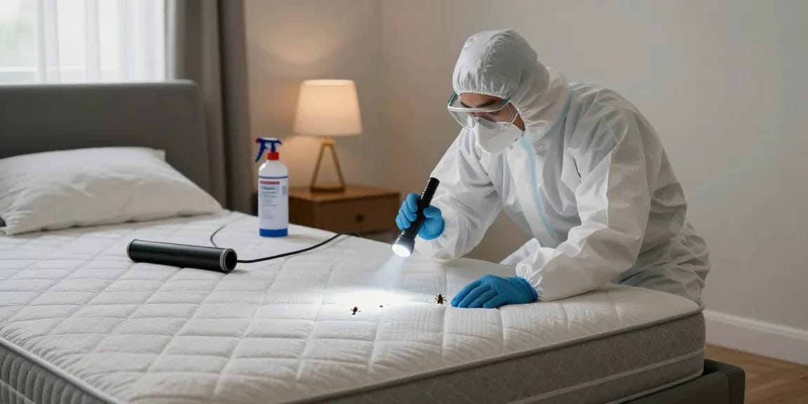 Bed bug removal process in a cozy bedroom, exterminator inspecting a mattress with tools and soft lighting.