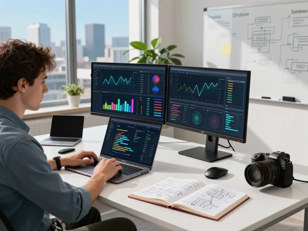 Professional workspace for automation consulting featuring zapier dashboards and collaboration tools in a bright office setting.