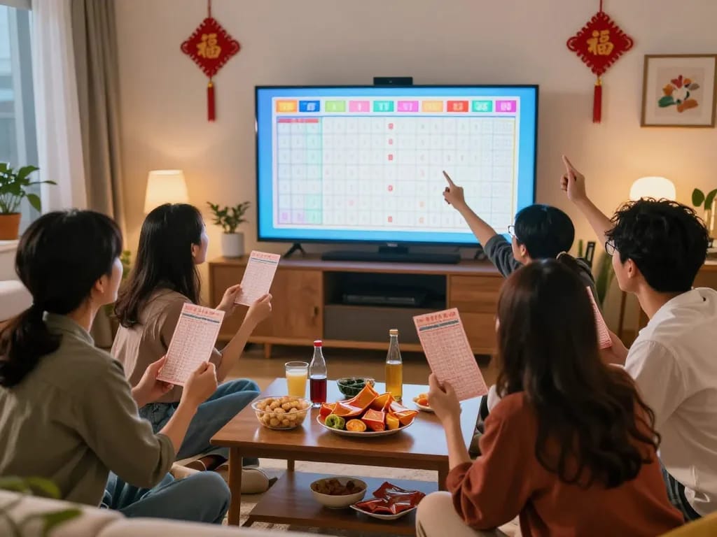 Teman-teman menonton undian lotere HK bersama di ruang tamu yang nyaman dan penuh dengan semangat.