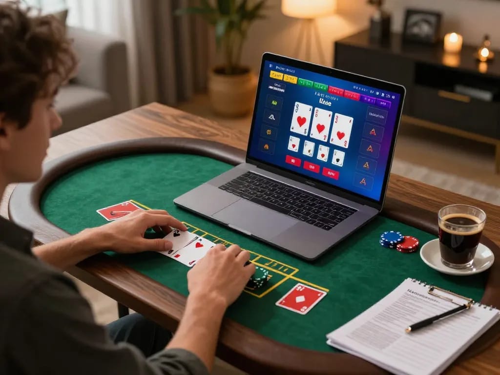 fly88 online blackjack gaming setup, highlighting strategic gameplay in a cozy environment