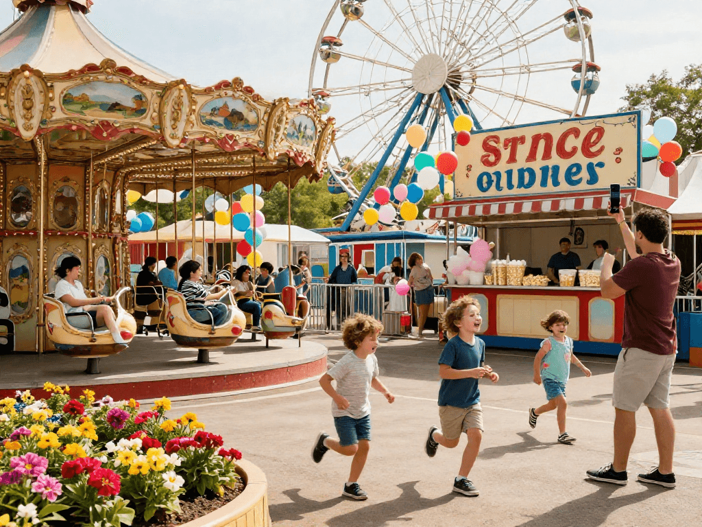 Families enjoying rides and attractions at https://sharkysvintagepark.com, capturing joyful moments in a retro-themed amusement park.