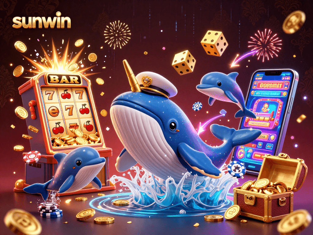 Experience the excitement of sunwin with a whimsical casino scene featuring a lively whale.
