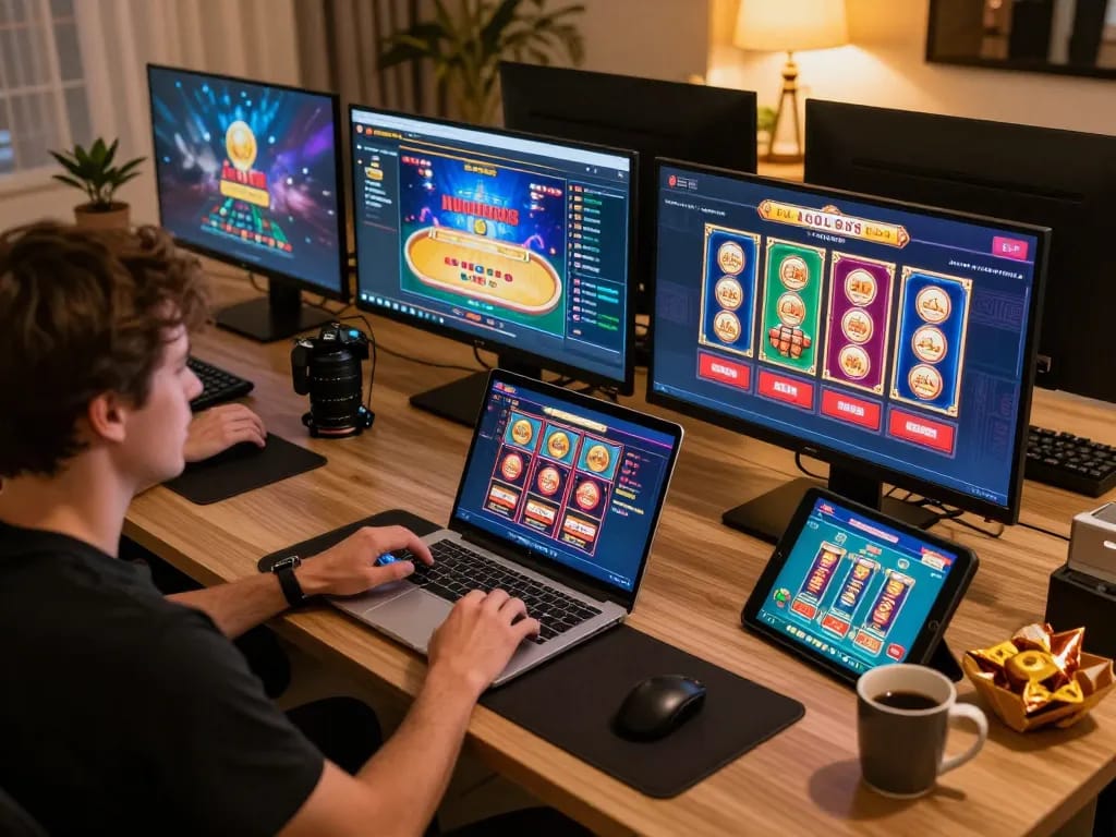 Player enjoying online slots and casino games at home using f168 platform for effortless gaming