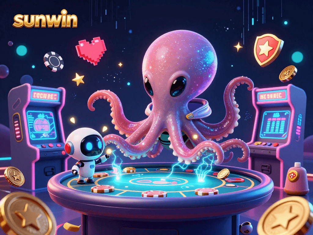 Experience engaging gameplay at sunwin with a vibrant illustration of an alien octopus in a casino scene.
