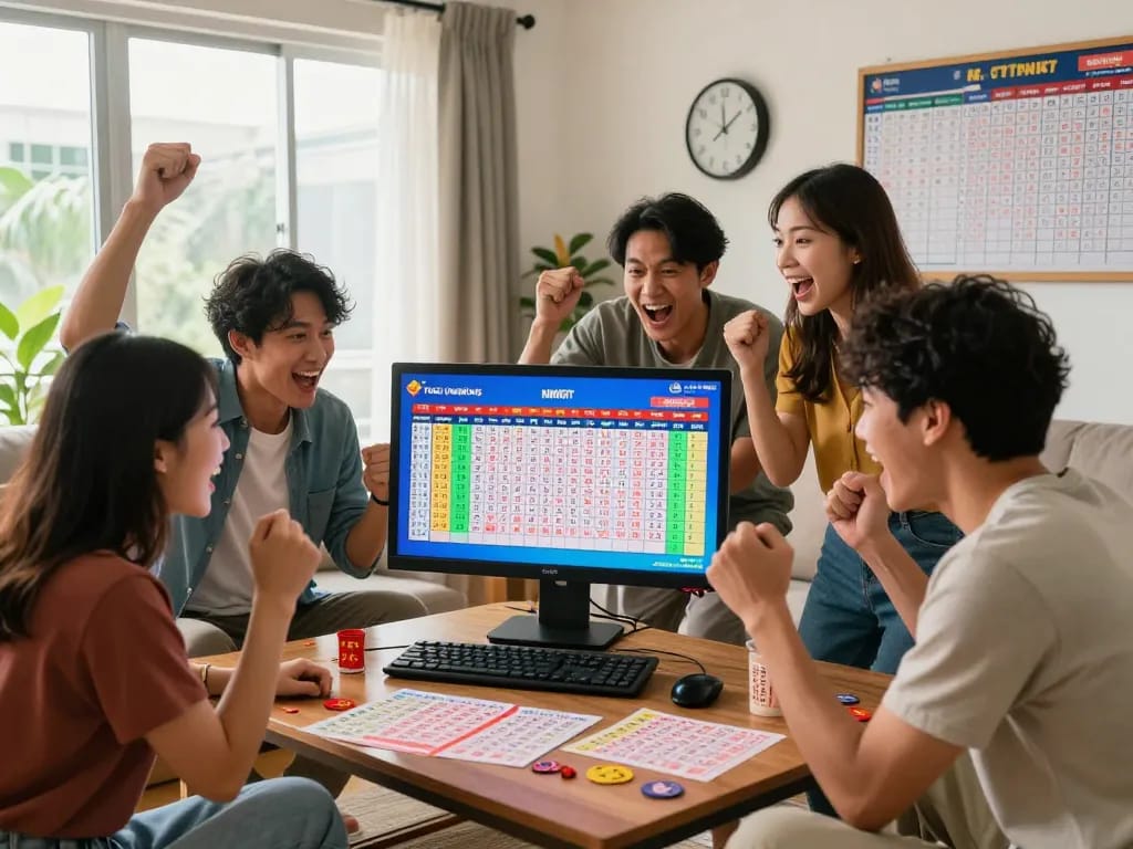 Kumpulan teman menikmati hasil Togel Hongkong Lotto di ruang tamu yang ramai, merayakan lotere HK.