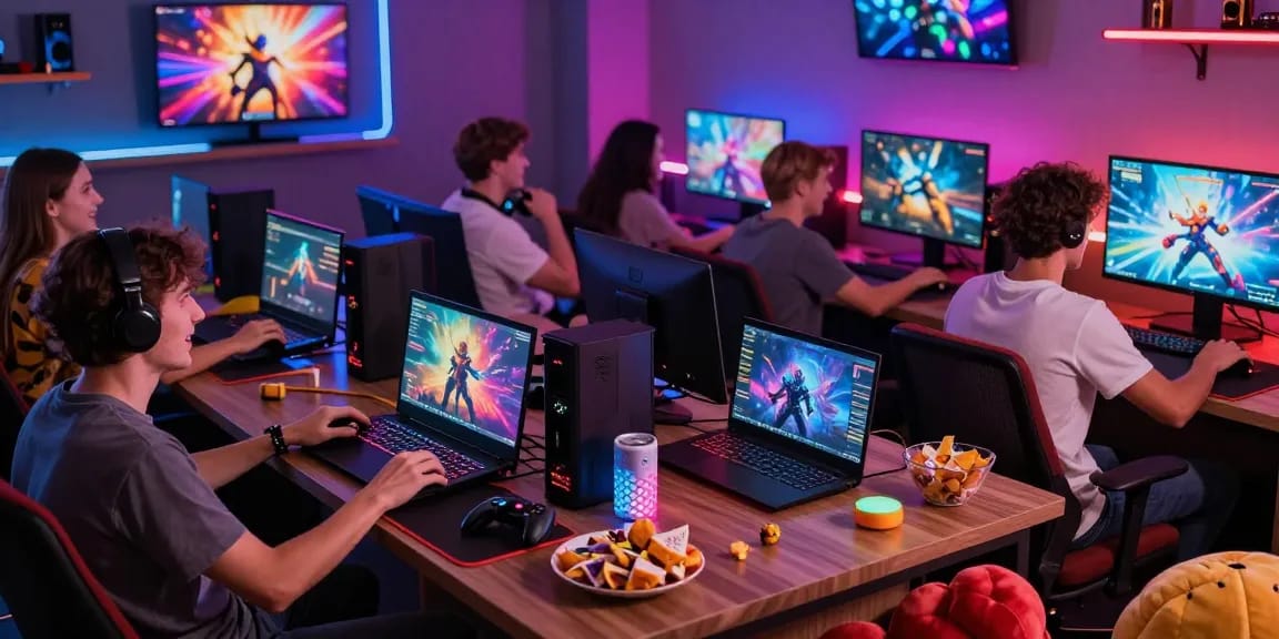 Group of adults joyfully playing immersive adult games in a vibrant gaming lounge.