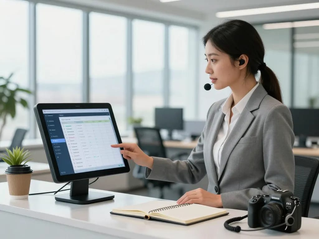 Automated phone system in a professional office, showcasing an efficient receptionist handling calls and scheduling.