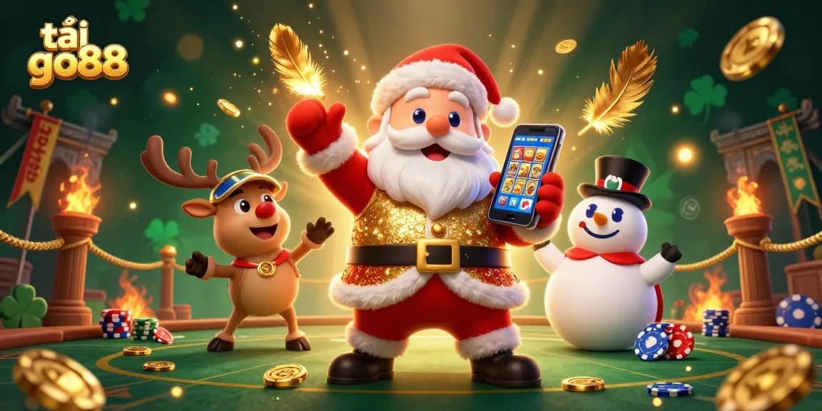 Enhance gameplay with tải go88 as Santa and friends celebrate in a vibrant casino scene.