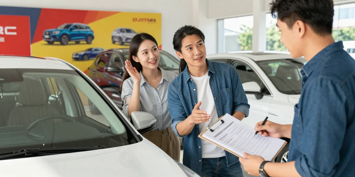 Engaged couple checking a car history check UK report at a dealership, ensuring informed vehicle purchase.