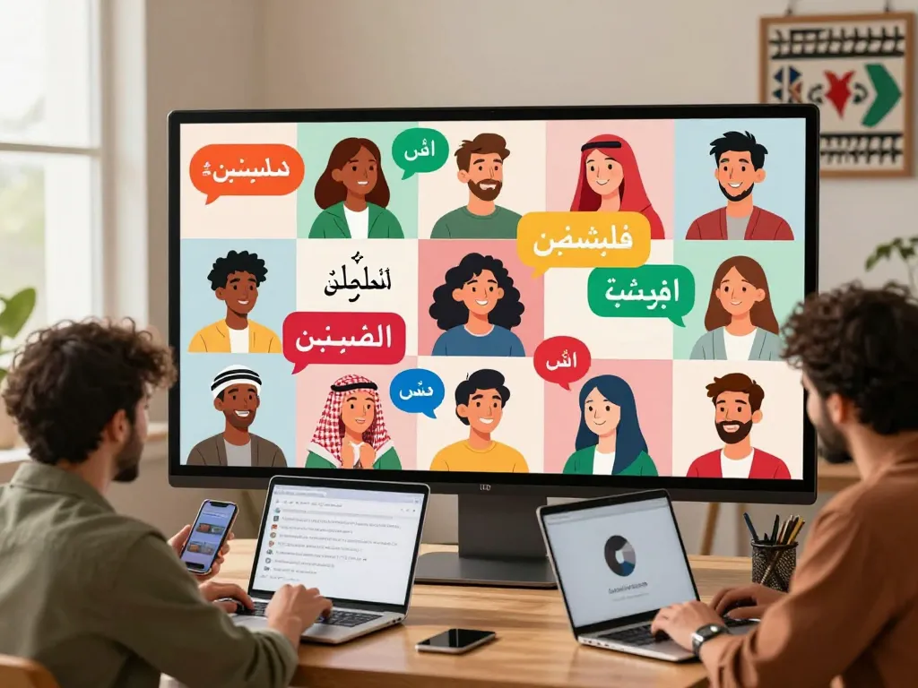 Engaging chat room scene showcasing دردشة فلسطين among Palestinians, highlighting friendship and cultural connections.