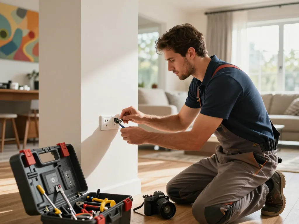 Electrician installing electrical outlets in a modern home, showcasing expert craftsmanship and attention to detail.