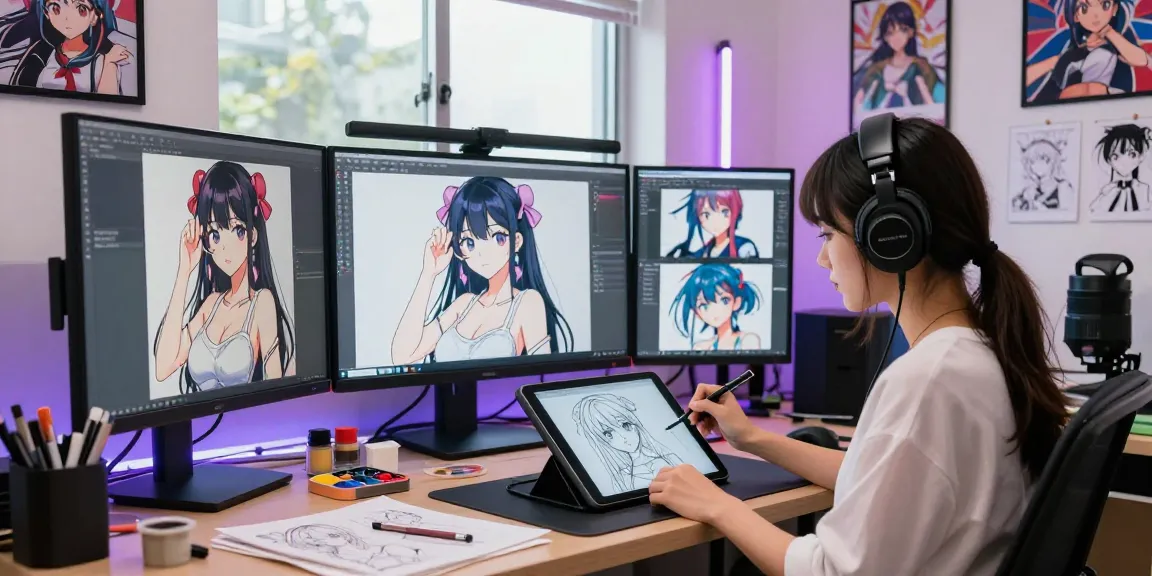 Artist creating AI ecchi character designs in a vibrant digital art studio