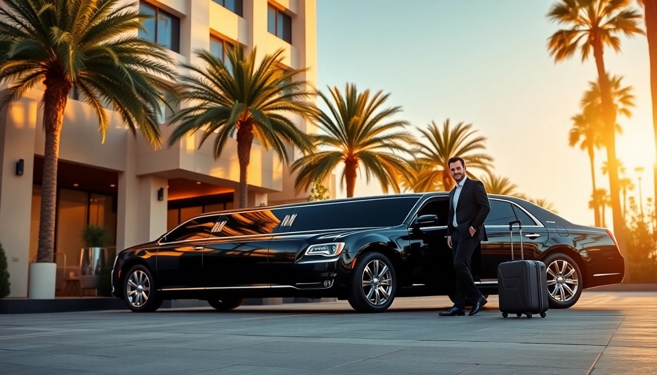 Hollywood Town Car and Limousine offers luxurious rides in LA, featuring a sleek black limousine and professional chauffeur.
