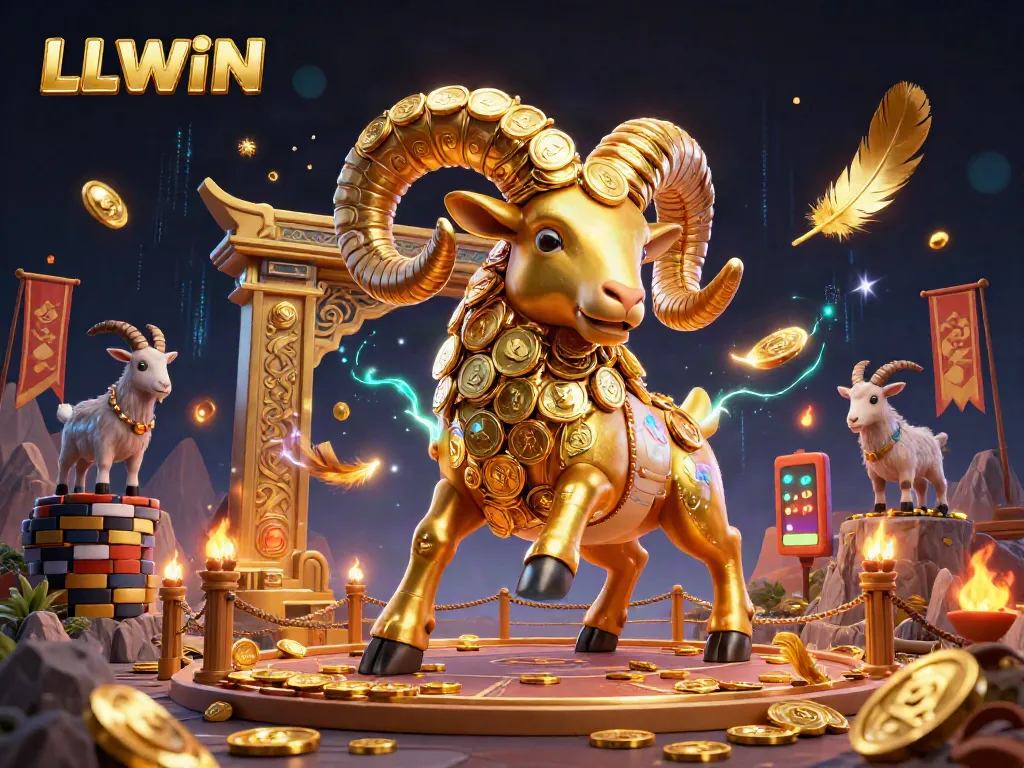 Engage in thrilling gameplay at LLWIN with a massive golden ram charging through a dynamic casino scene.