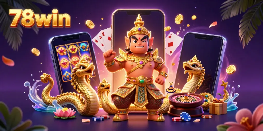 Play slots and win big with 78win in this vibrant 3D casino scene featuring a guardian and game elements.