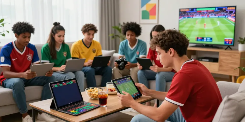 Engaging players enjoying online betting with https://vin88.team/ in a lively living room setting.