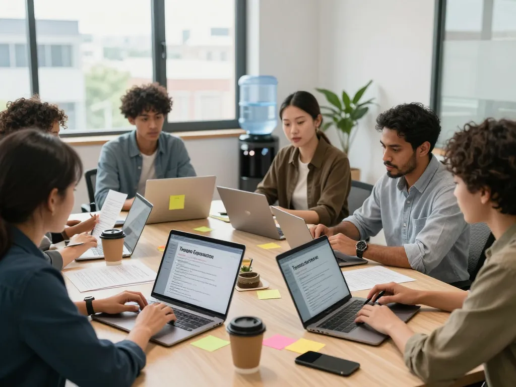 Professionals collaborating in a modern office discussing temp agencies and staffing solutions, showcasing teamwork and productivity.