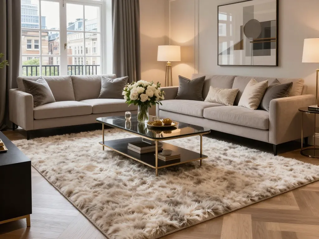 Luxury carpets London showcased in an elegant living room with plush furnishings and city views.