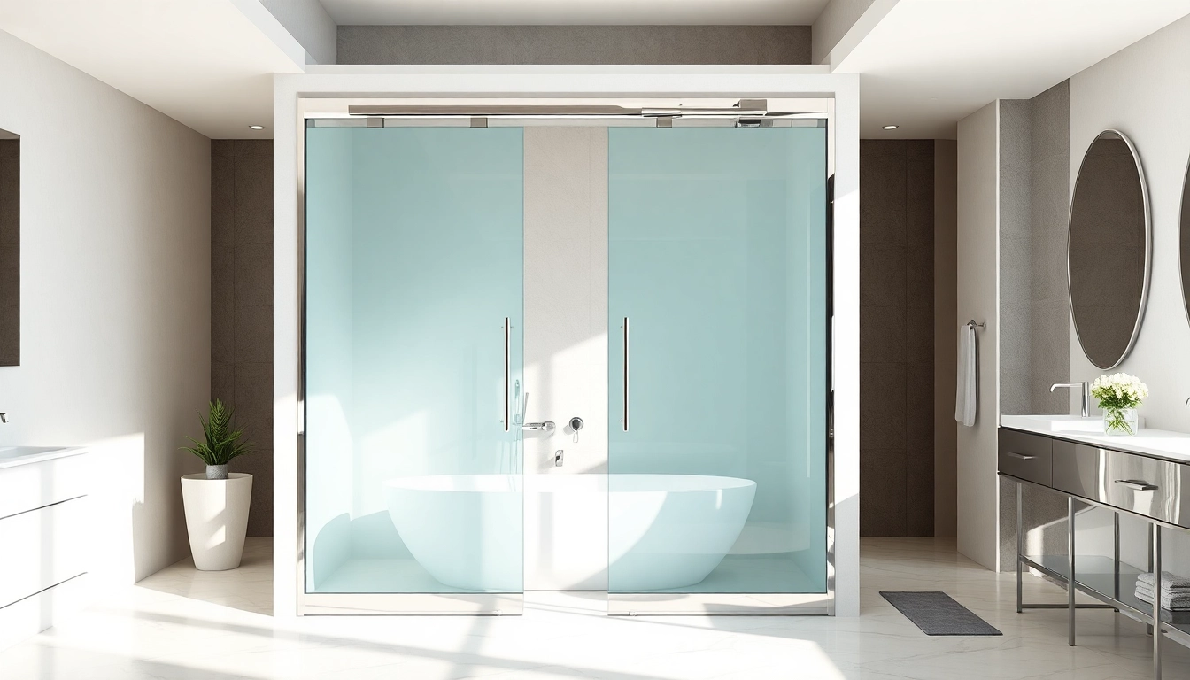 Showcase of stylish shower sliding doors with chrome finishes in a modern bathroom.
