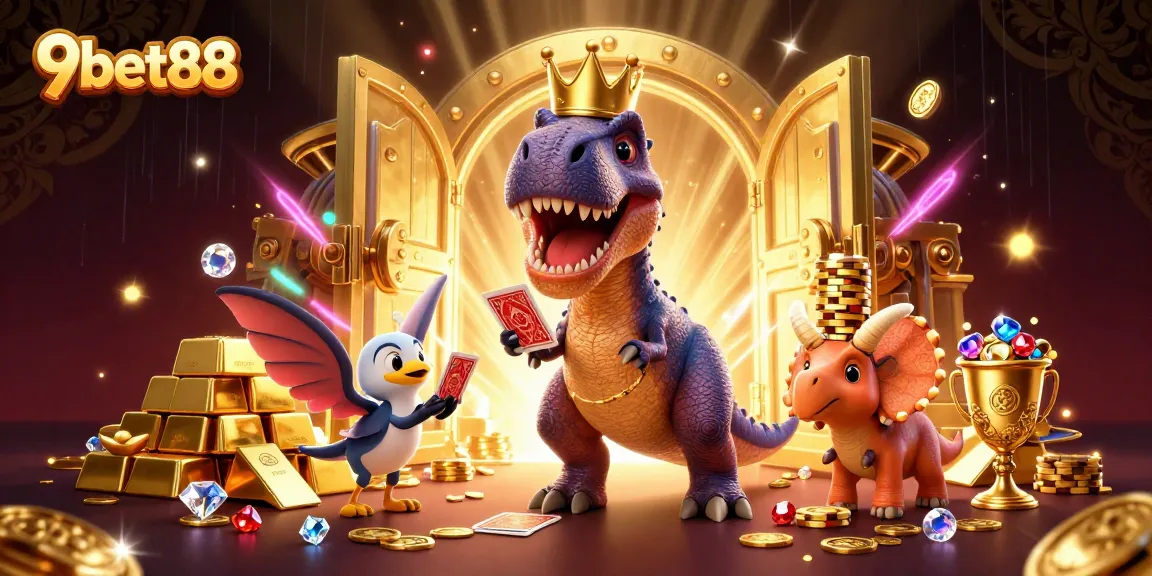 9bet88 gaming scene featuring a T-Rex dealing cards while a pterodactyl assists, with golden treasures galore.