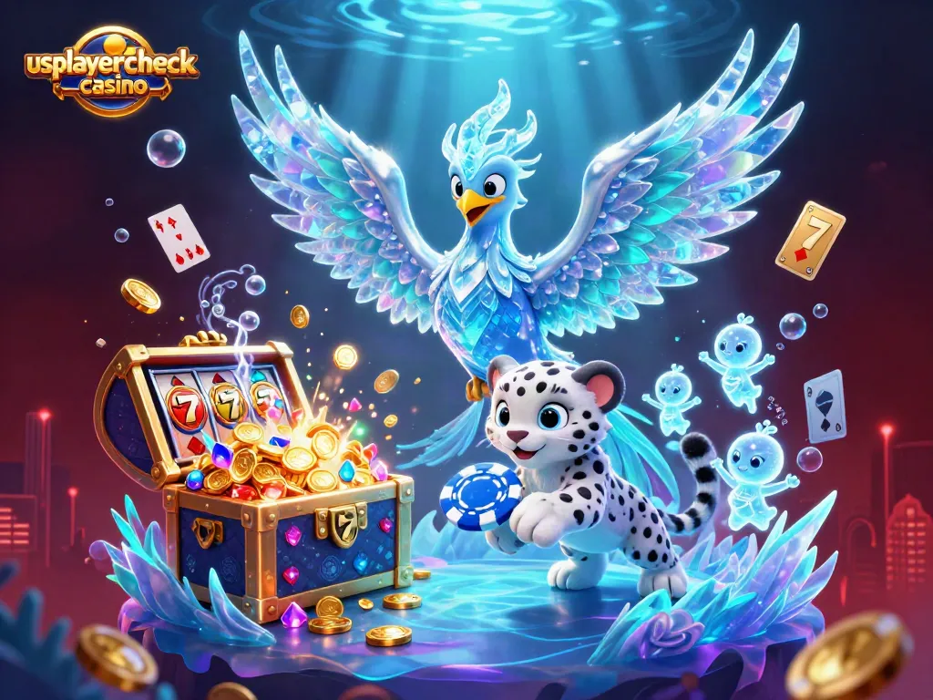 Win at usplayercheck casino with a vibrant 3D scene showcasing sparkling slots and playful characters.
