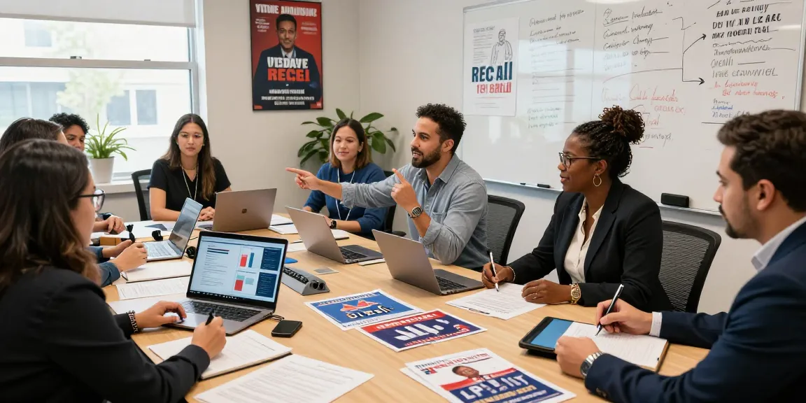 Engaged team discusses strategies with a recall campaign consultant for effective voter outreach.