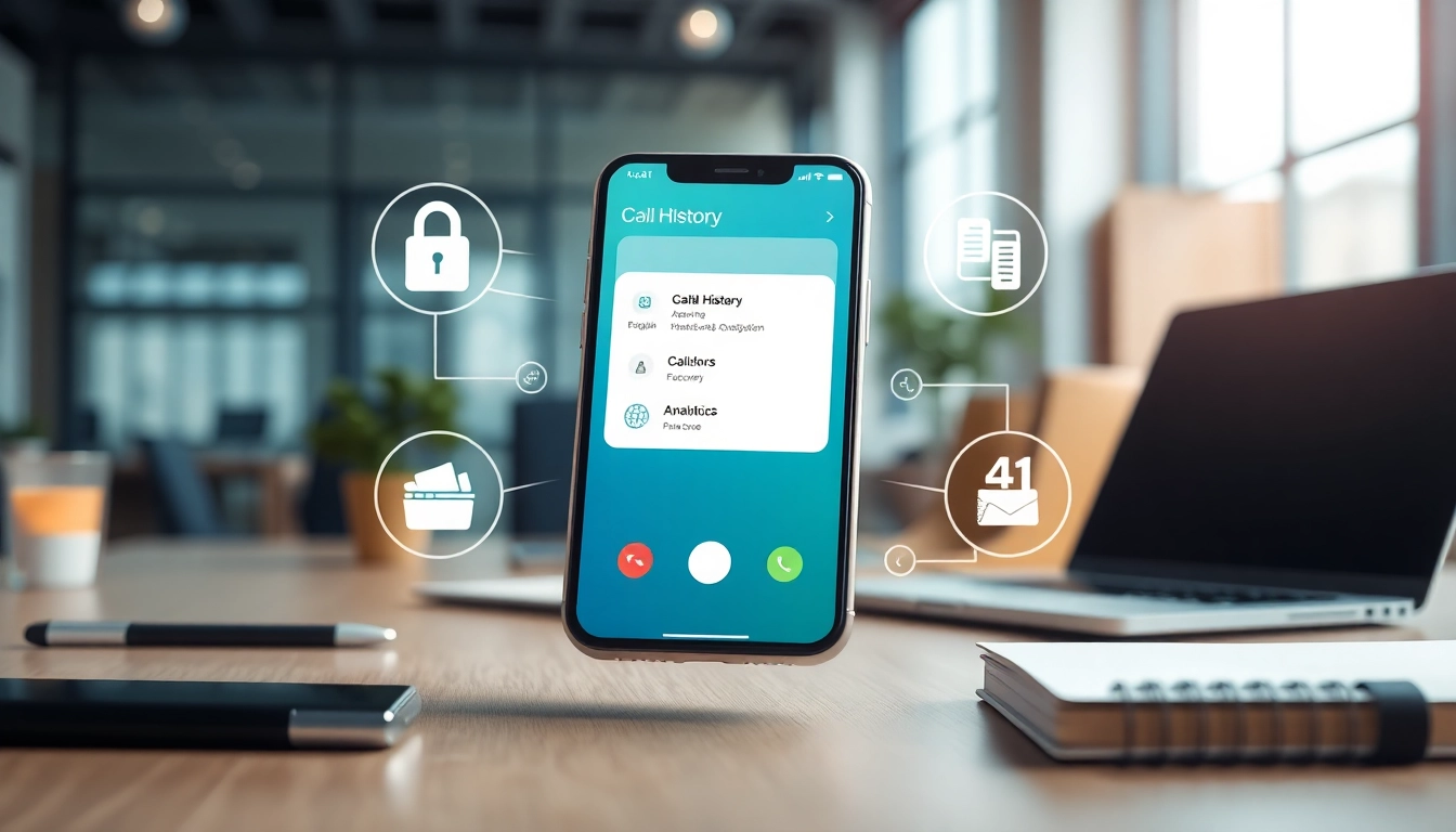 Using call history checker on a smartphone with data analytics icons, showcasing digital security.