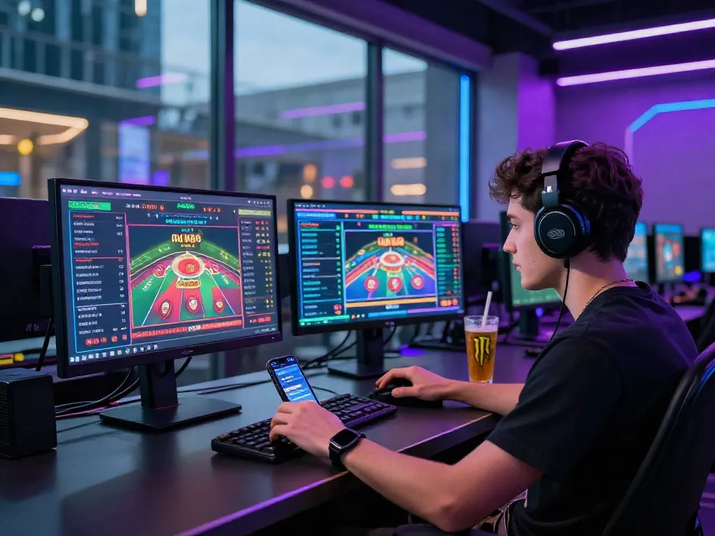 Engaged user betting on Link M88 platform in modern gaming setup.