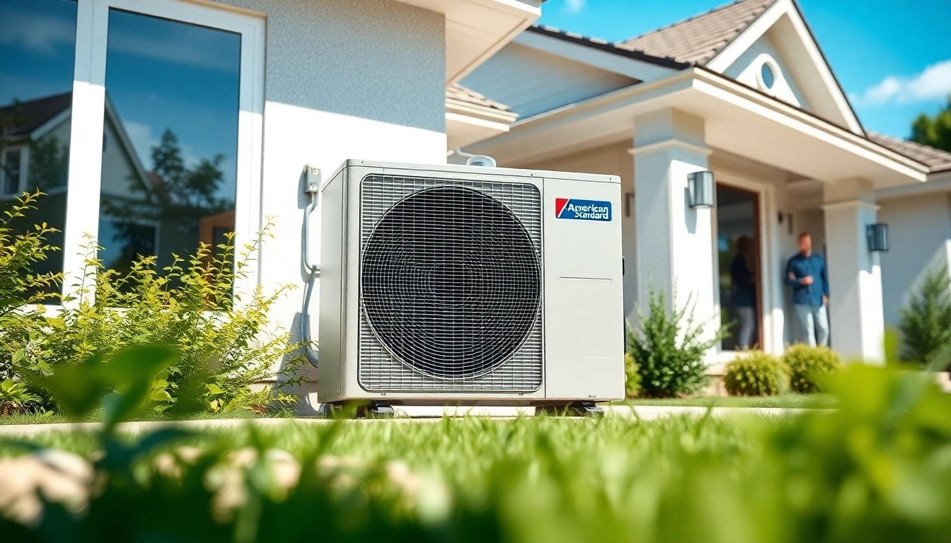 Showcasing american standard heat pumps in a residential garden setting under natural light.