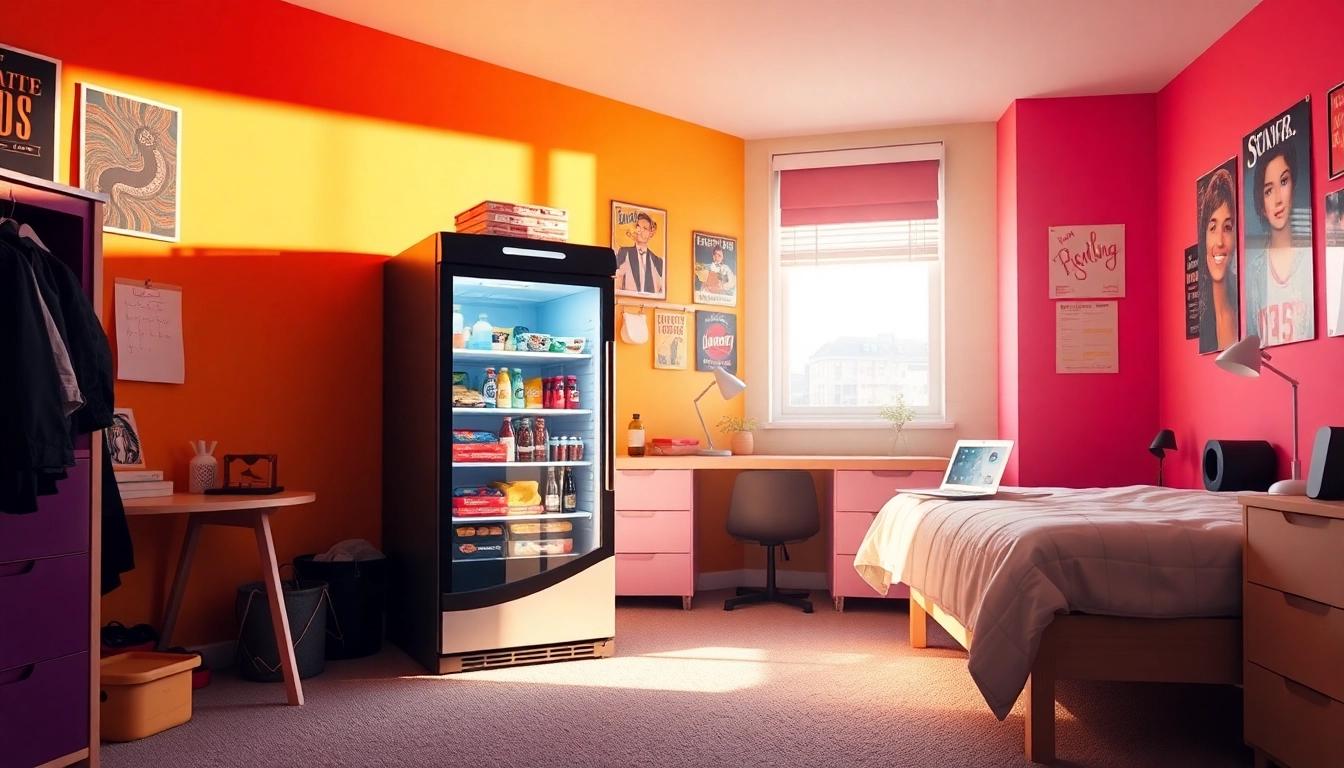 Stylish dorm room fridge filled with snacks, enhancing a vibrant student living space.