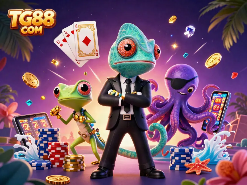 Engage winning strategies with TG88 COM's vibrant casino illustration featuring key characters and gaming elements