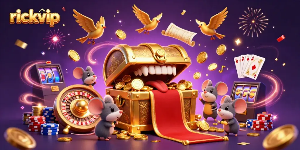 Engage with rickvip at this vibrant casino scene showcasing adventurous mice and riches.