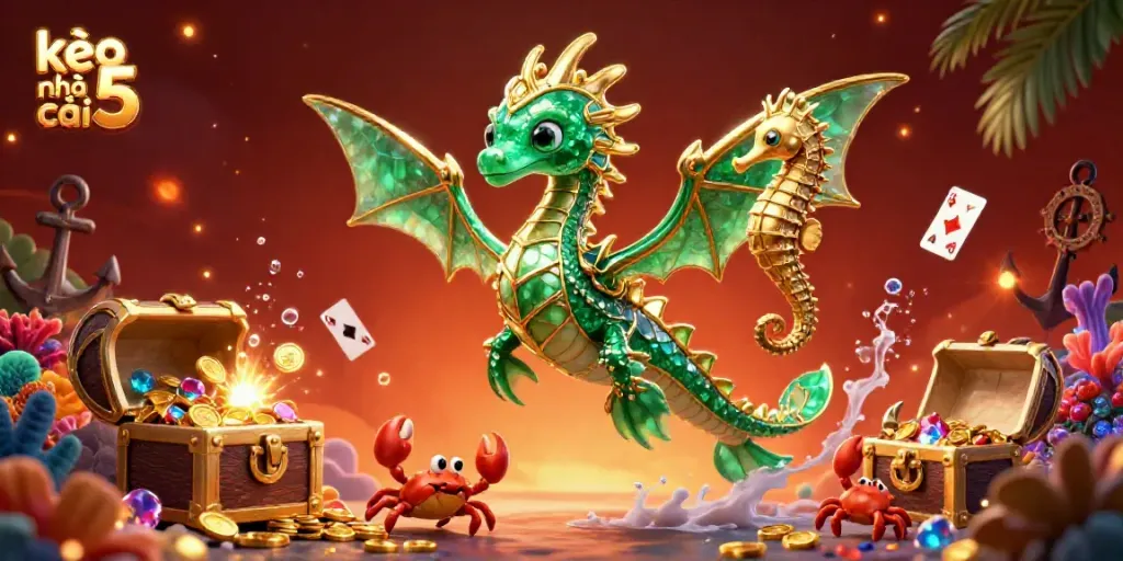 Experience kèo nhà cái 5 with this dynamic 3D scene showcasing a sea dragon, treasure, and vibrant underwater elements.