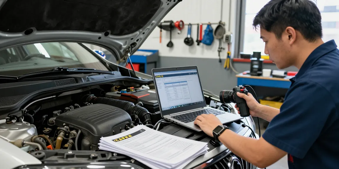 Technician using CARFAX vehicle history report during car inspection for potential buyers.
