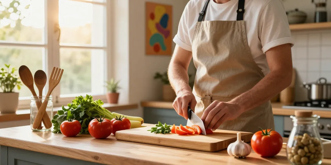 Home cook preparing fresh ingredients on a bamboo cutting board in a bright kitchen.