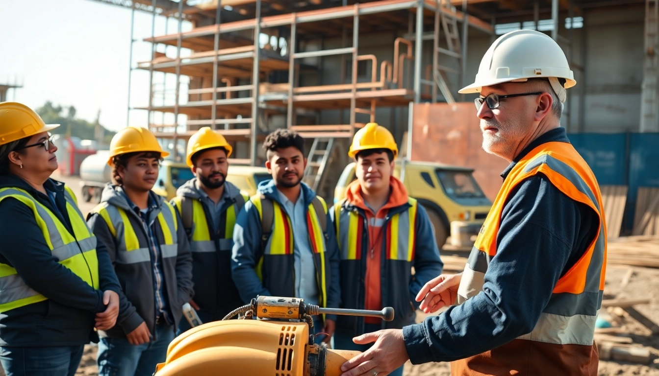 Participants in construction training learn hands-on skills from a professional instructor at a construction site.