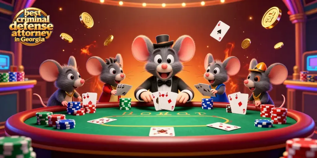 Engaging poker scene featuring the best criminal defense attorney in Georgia, with vibrant casino elements and animated characters.