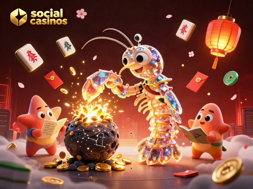 Engage with the vibrant action in social casinos with a galactic samurai shrimp battling for gems and coins.