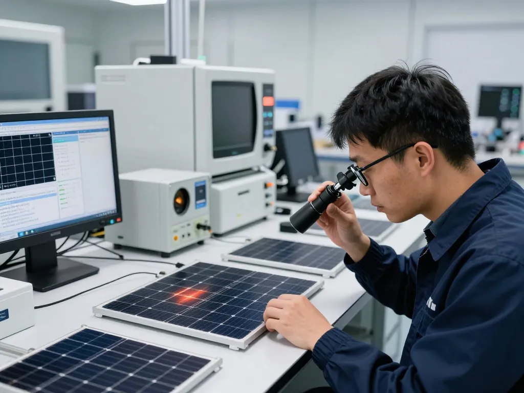 Technician analyzing LID and LeTID degradation of PV modules in an innovative solar energy lab.