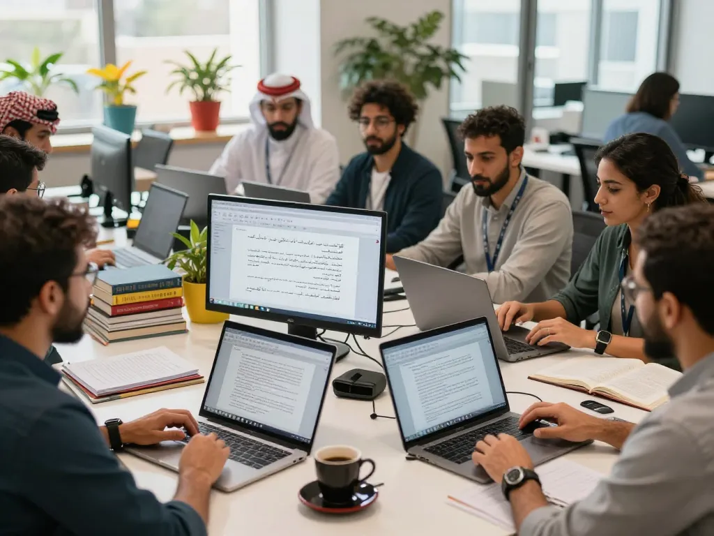 Arabic Translation Services team collaborating on translations in a professional office setting
