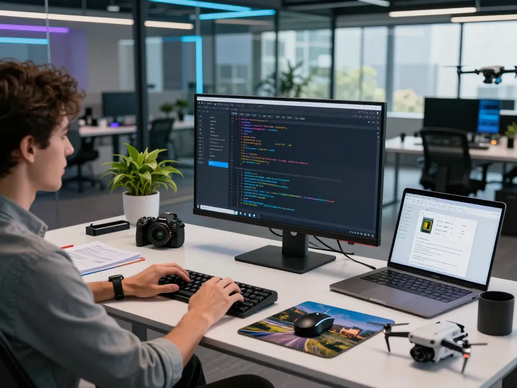 DJI Modify software workspace with programmer coding in high-tech environment.