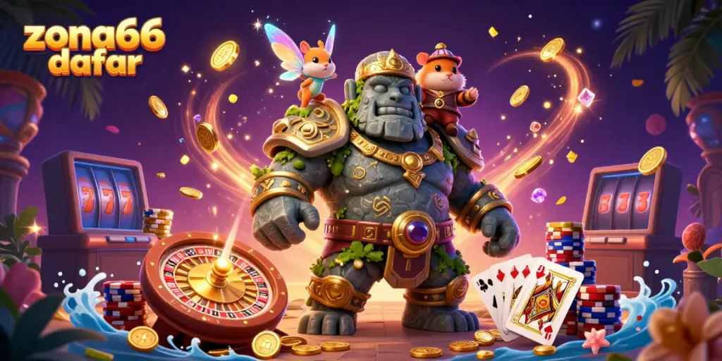 Visualisasi zona66 daftar dengan golem, peri, dan hamster, menghidupkan permainan online