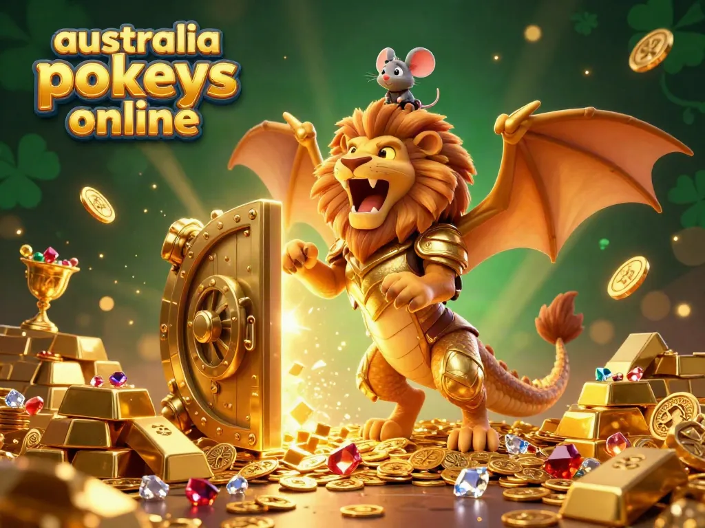Play thrilling online pokies with a gold-armored chimera and treasures in a vibrant scene.