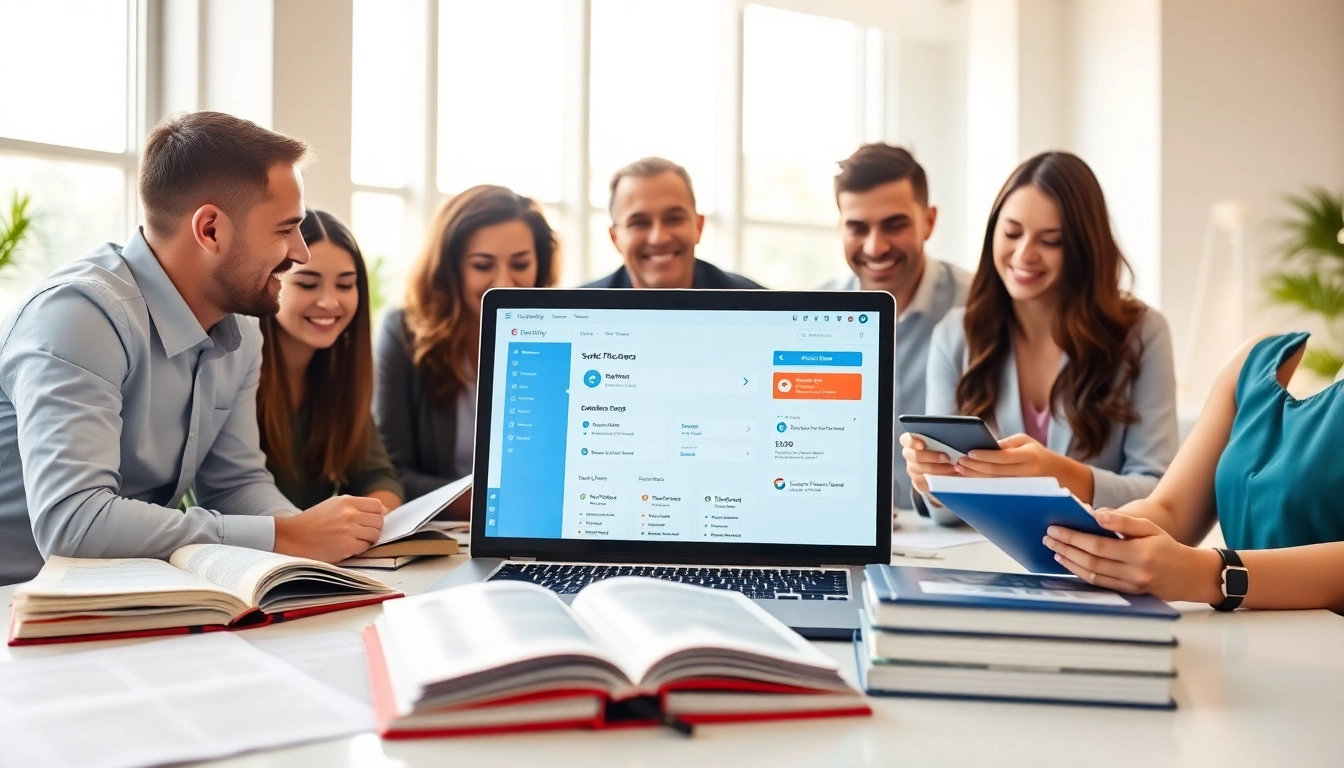 Options to get certified showcased in a bright office setting with professionals engaging in study materials.
