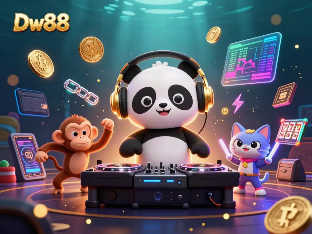 Dw88 casino-themed illustration featuring a DJ panda with roulette wheels, a breakdancing monkey, and a glow-stick kitten, with vibrant crypto elements.