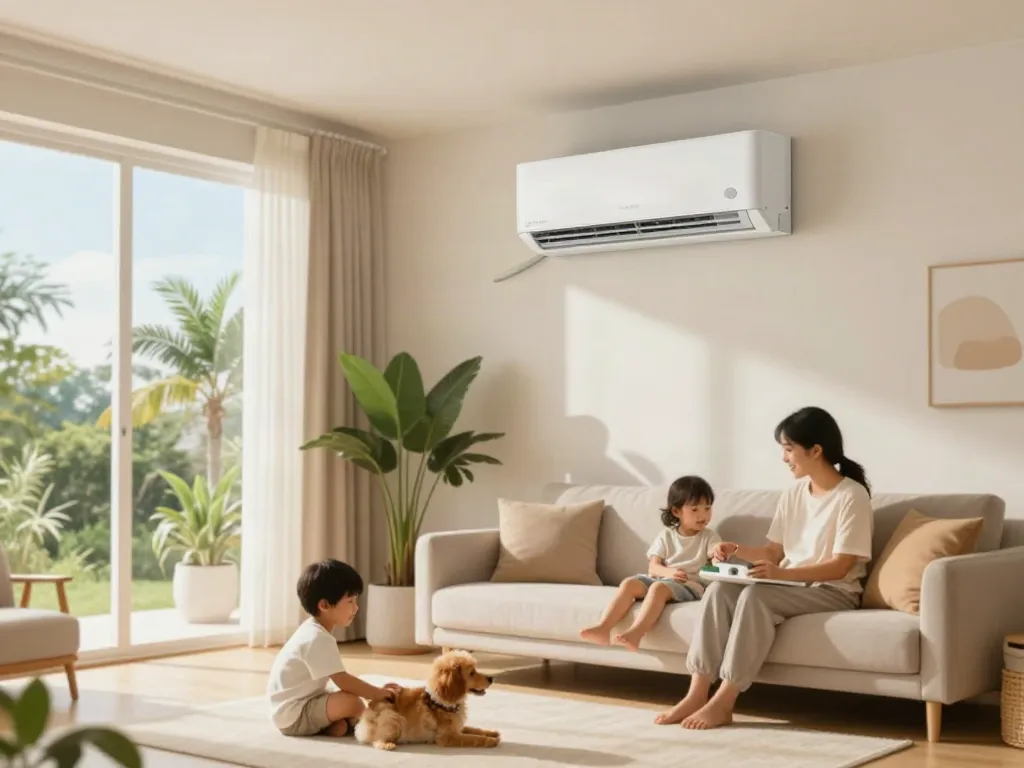 24000 BTU mini split air conditioner in a stylish living room providing comfort during summer.